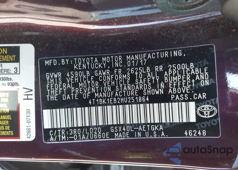 2017 Toyota Avalon Xle Plus/Premium/Tour/Ltd from USA, damaged, VIN 4T1BK1EB2HU251864